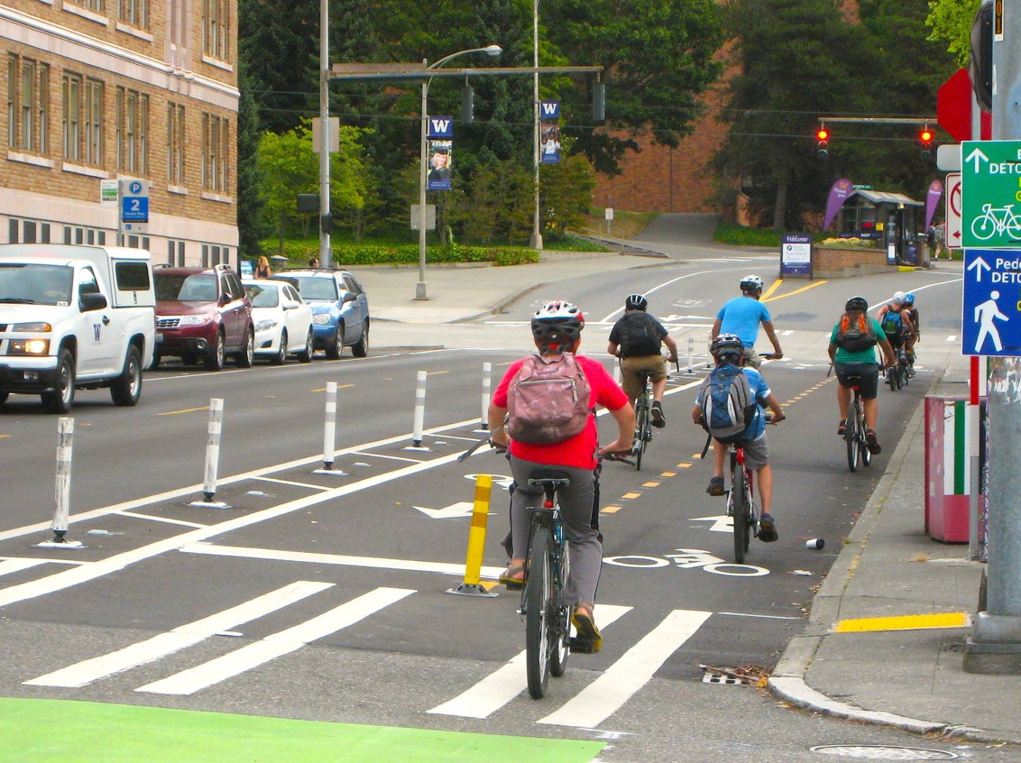 Photo showing an example of what a two-way protected bike lane looks like from University District.