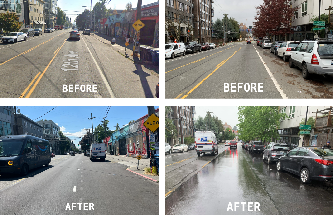 The image is divided into two parts. The top section, labeled "Before," depicts an uneven and cracked street. The bottom section, labeled "After," shows a newly repaved street, smooth and even.