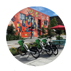 यूनिवर्सिटी डिस्ट्रिक्ट में सवारियों के लिए इंतज़ार कर रही साझा ई-बाइकें