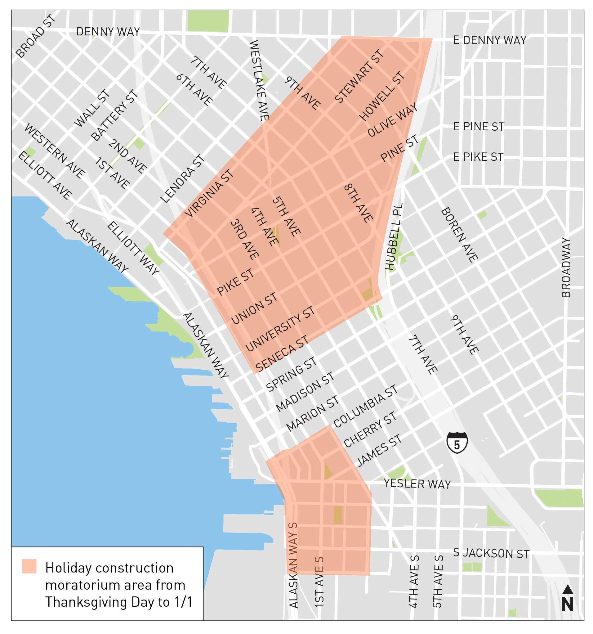 Street map showing the Chinatown-International District area covered by the Holiday Construction Moratorium from Thanksgiving Day to New Years Day