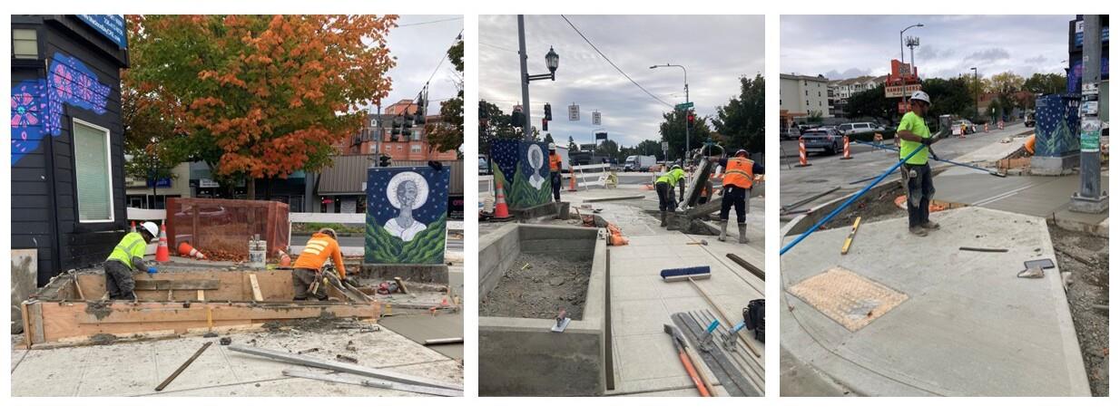 Crew members pour new concrete on the east side of 30th Ave NE.