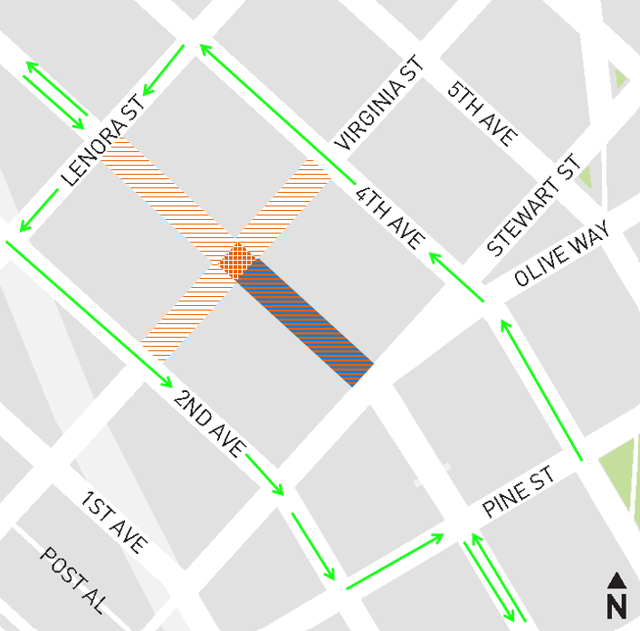 Map of 3rd Ave with an orange crosshatch at the Virginia intersection, green arrows showing flow of traffic, and blue and orange crosshatch showing our work zone