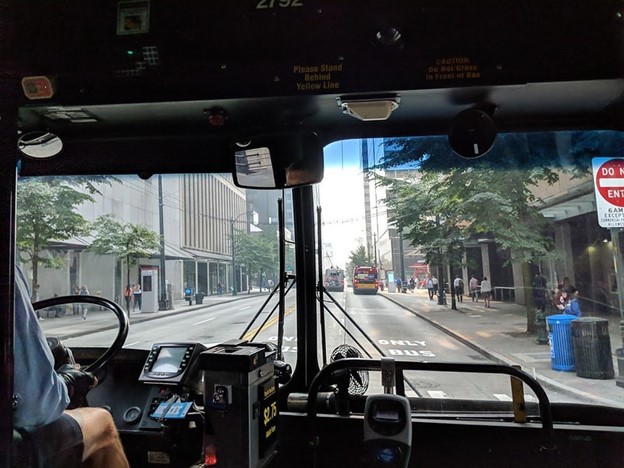 King County Metro bus drivers navigate 3rd Ave&rsquo;s bus only lanes through downtown Seattle