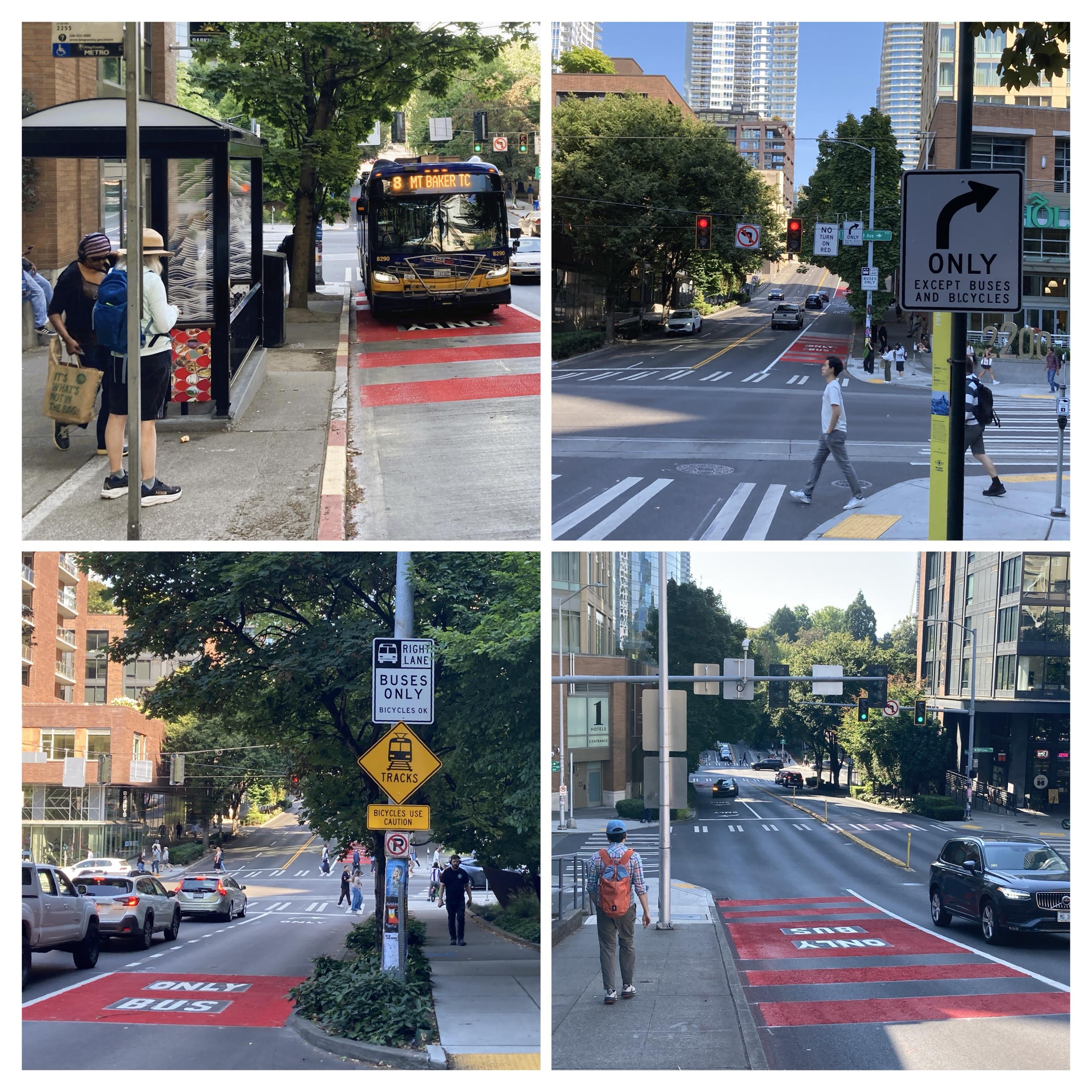 Four-panel collage showing city infrastructure updates: red "BUS ONLY" lanes, a restricted right-turn sign, transit priority markings, and active street lanes. 