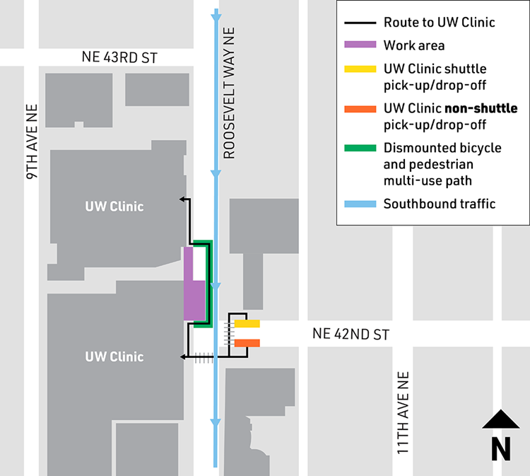 Map shows pathway created on west side of Roosevelt Way NE to provide access to UW clinic