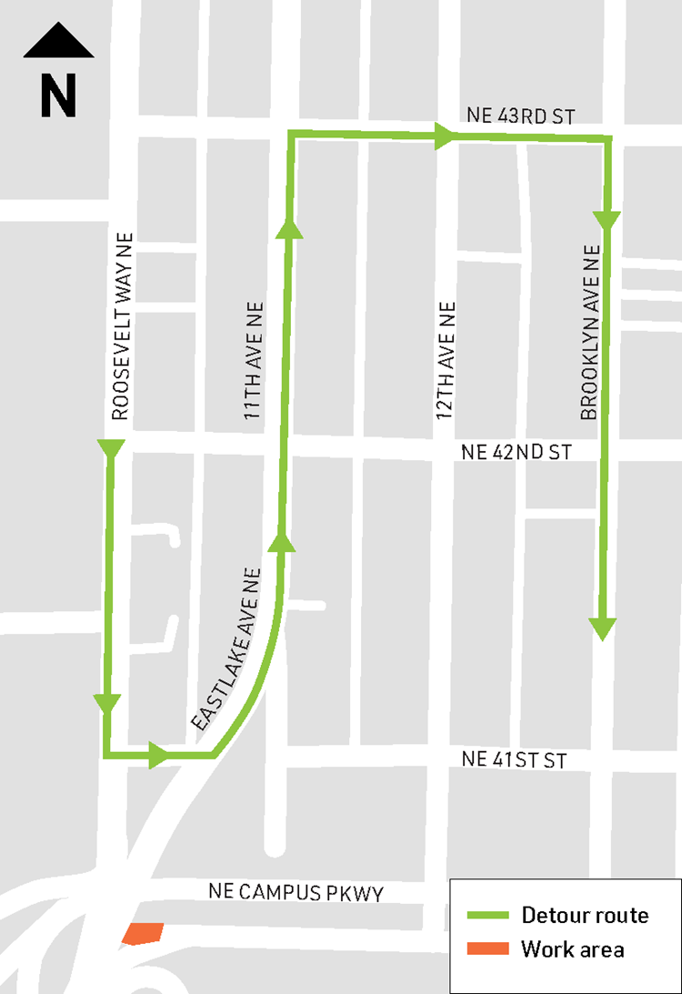 map shows the detour onto NE 41st for those who usually make a left turn from Roosevelt onto NE Campus Parkway