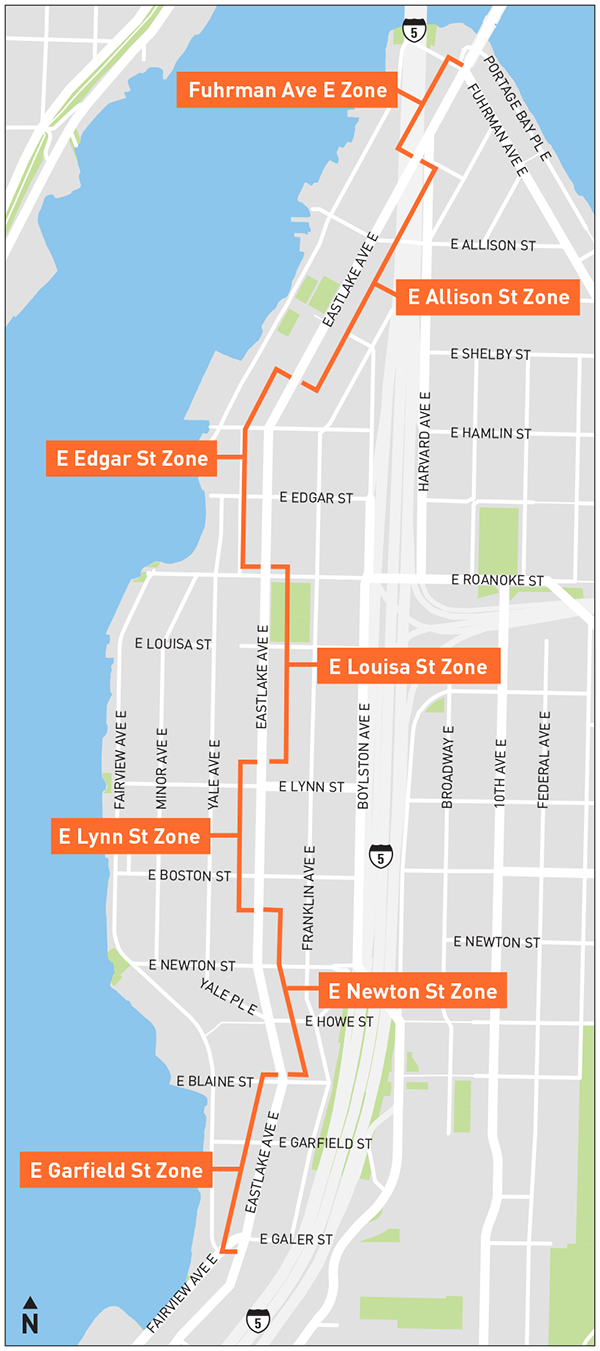 A map that shows watermain work locations along Eastlake Avenue.  Fuhrman Ave E Zone, E Allison St. Zone, E Edgar St. Zone, E Louisa St Zone, E Lynn St Zone, E Newton St Zone, E Garfield St. Zone