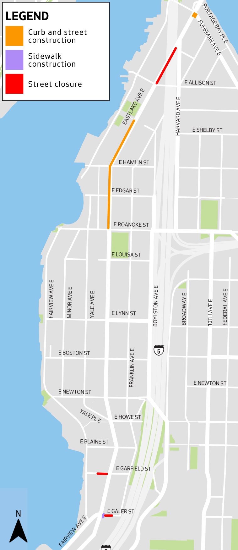Map shows the areas along Eastlake Ave E where construction is happening. 