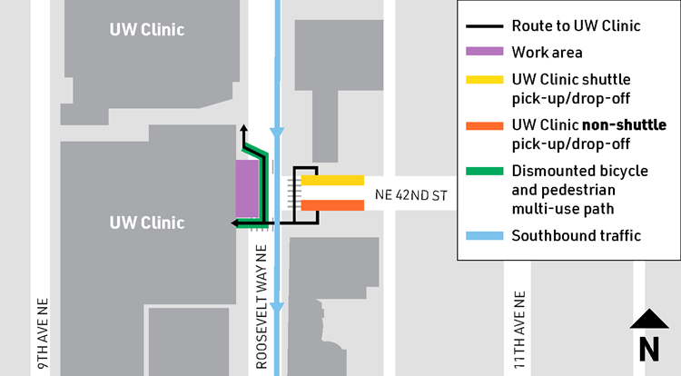 Image shows a pedestrian detour from the sidewalk on Roosevelt at NE 42nd St. Detour moves people into a protected walkway