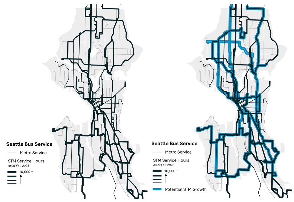 Two maps showing the comparison of existing STM bus service and potential STM growth.