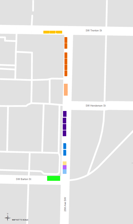 Mapa de la zona temporal de paradas finales de autobuses reubicada en 25th Ave SW, con rect&aacute;ngulos codificados por colores que muestran los autobuses que estacionar&aacute;n a lo largo de 25th Ave: amarillo oscuro para la parada final de la Ruta 21, naranja oscuro para la parada final de las Rutas 60 y 125, naranja claro para la parada de las Rutas 60 y 125, morado oscuro para la parada final de la L&iacute;nea C de Rapid Ride, azul oscuro para la parada final de la Ruta 560, amarillo claro para la parada de la Ruta 21, morado claro para la parada de la L&iacute;nea C de Rapid Ride, azul claro para la parada de la Ruta 560 y verde para la parada en la que todos los dem&aacute;s autobuses con parada en SW Barton partir&aacute;n de la zona de Westwood Village&nbsp;