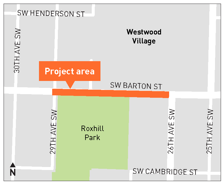 Map of the Westwood Village area in Delridge. Orange line shows the project limits, spanning from 29th Ave SW to 26th Ave SW, bordering Roxhill Park