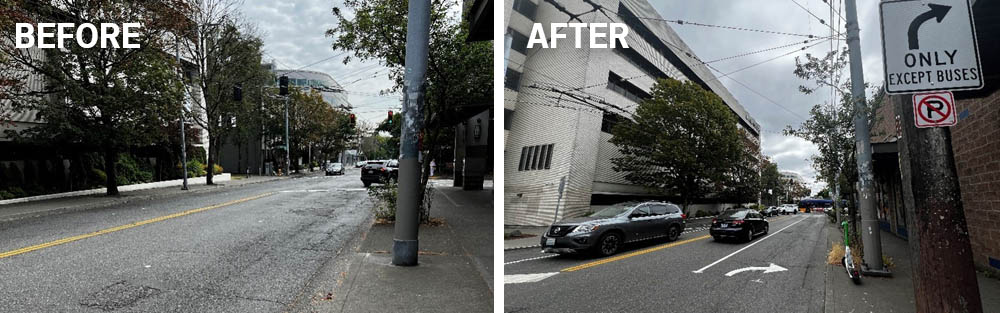 Before: a street with faded markings. After: refreshed markings with right turn except buses signage