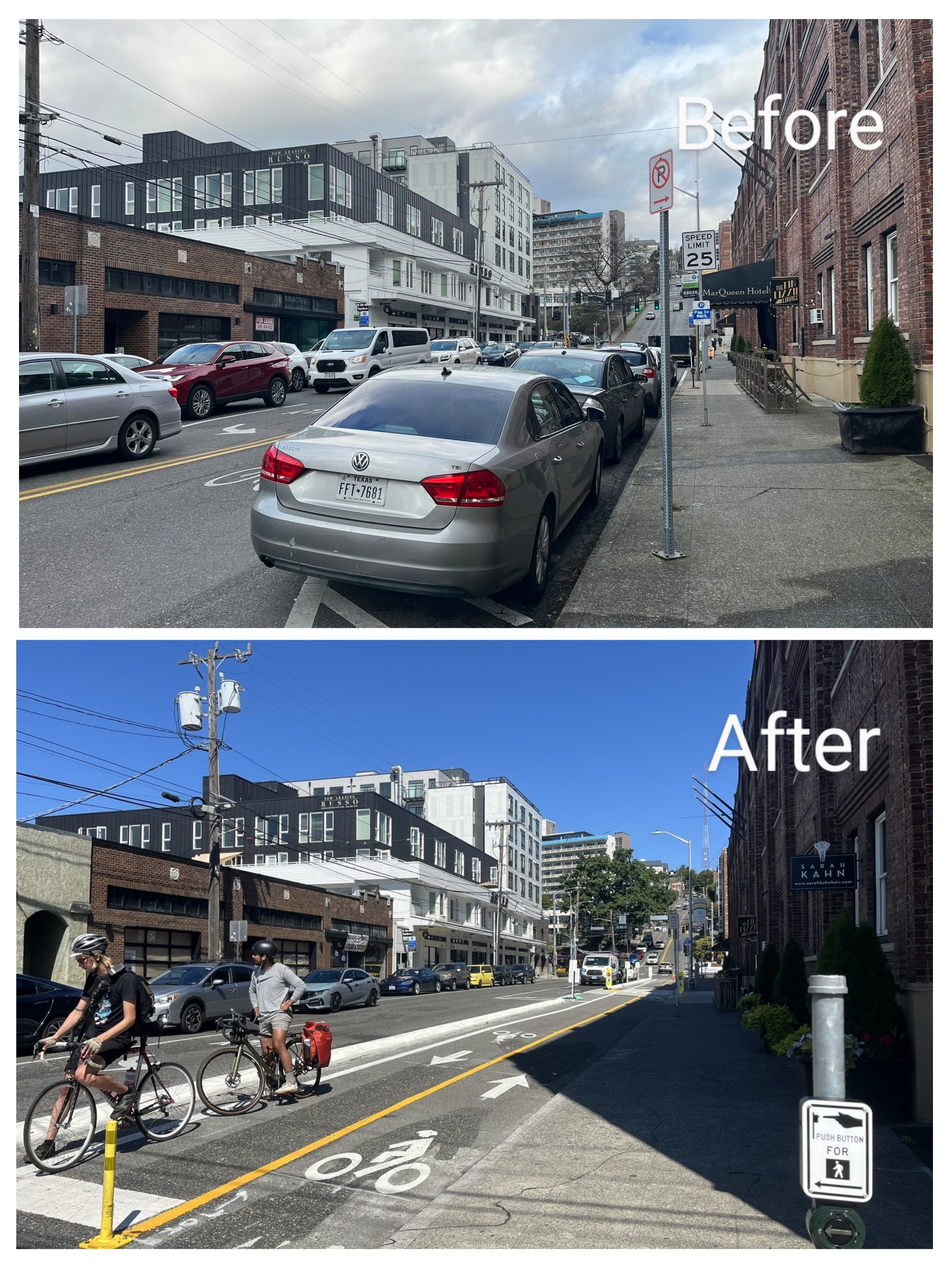Two side-by-side photos showing the same block along Queen Anne Avenue near the MarQueen Hotel. The top photo, labeled &lsquo;Before,&rsquo; shows parked cars along the curb and no dedicated bike space. The bottom photo, labeled &lsquo;After,&rsquo; shows the same street redesigned with a protected bike lane marked by white paint and bollards, with cyclists riding along it. The sidewalk and buildings remain the same, but the curbside parking has been replaced by the bike lane.