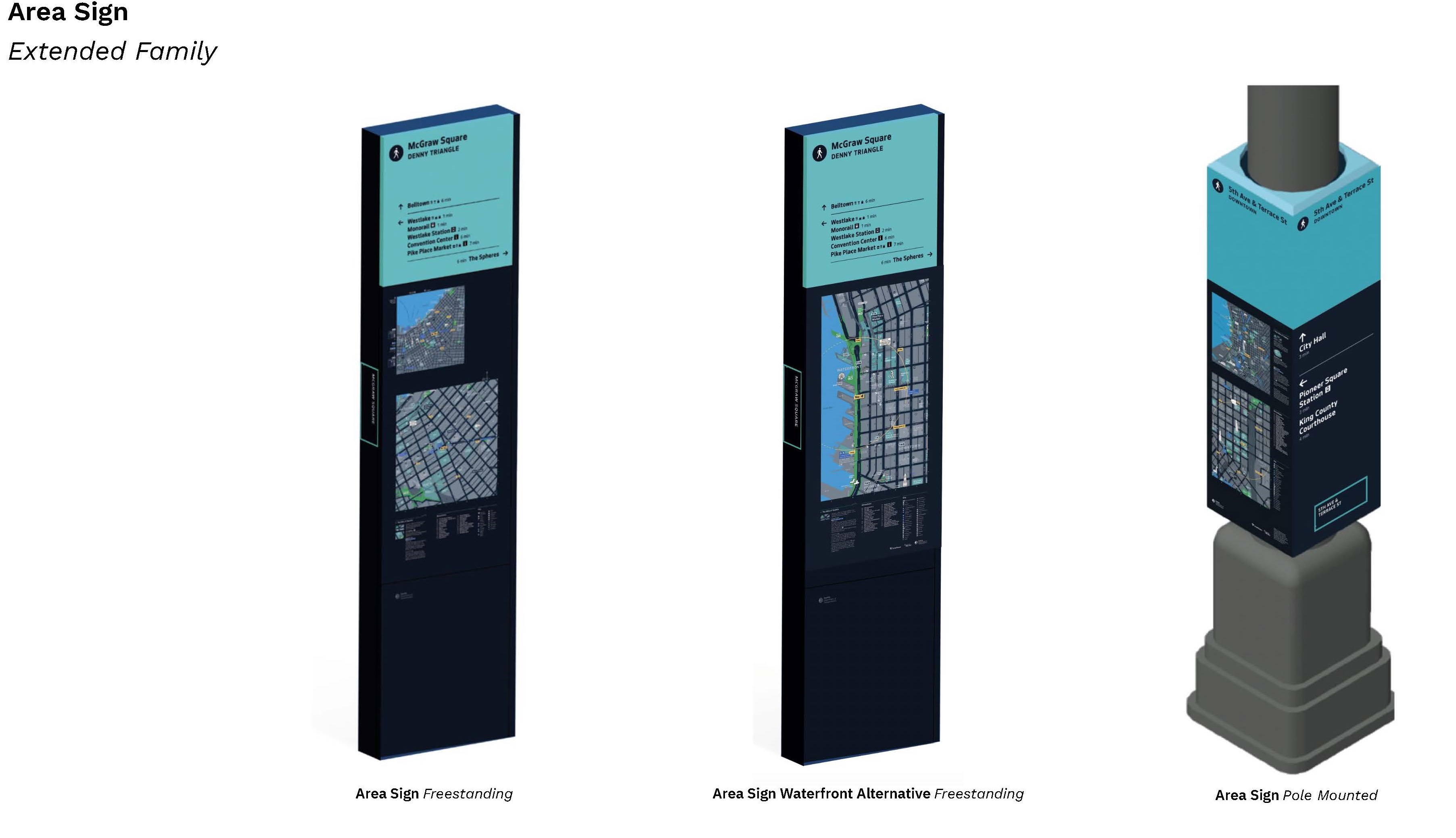 an image showing three different layouts of area maps side by side. 