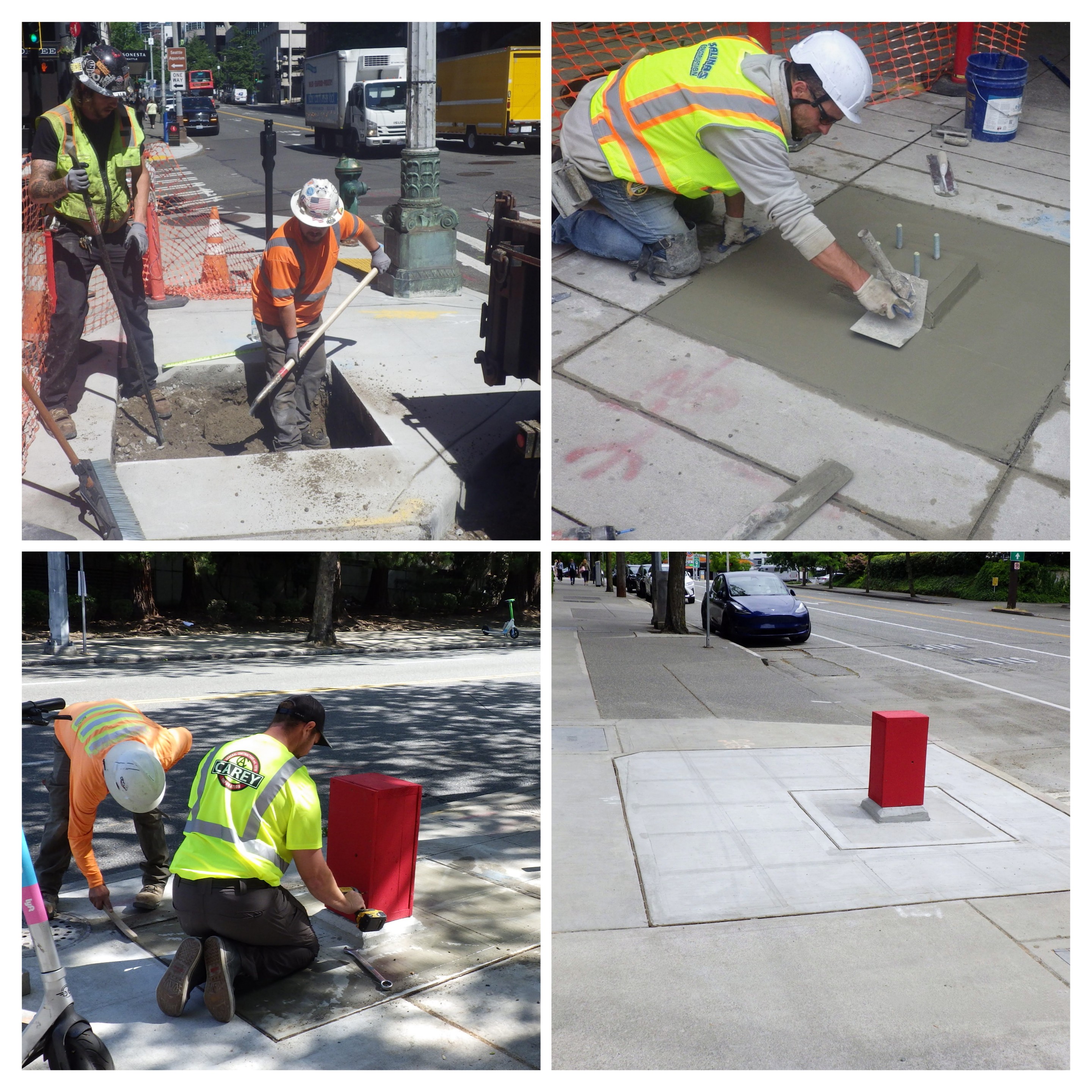 From excavation to finishing touches, the photo above shows the step-by-step process of preparing foundations for Seattle&rsquo;s new wayfinding signs&mdash;including concrete work, anchor installation, and final adjustments before the signs are installed.