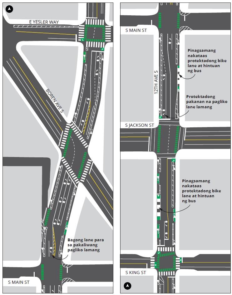 Diagram na nagpapakita ng mga anyo na proyekto sa 12th Ave S sa pagitan ng S King St at E Yesler Way