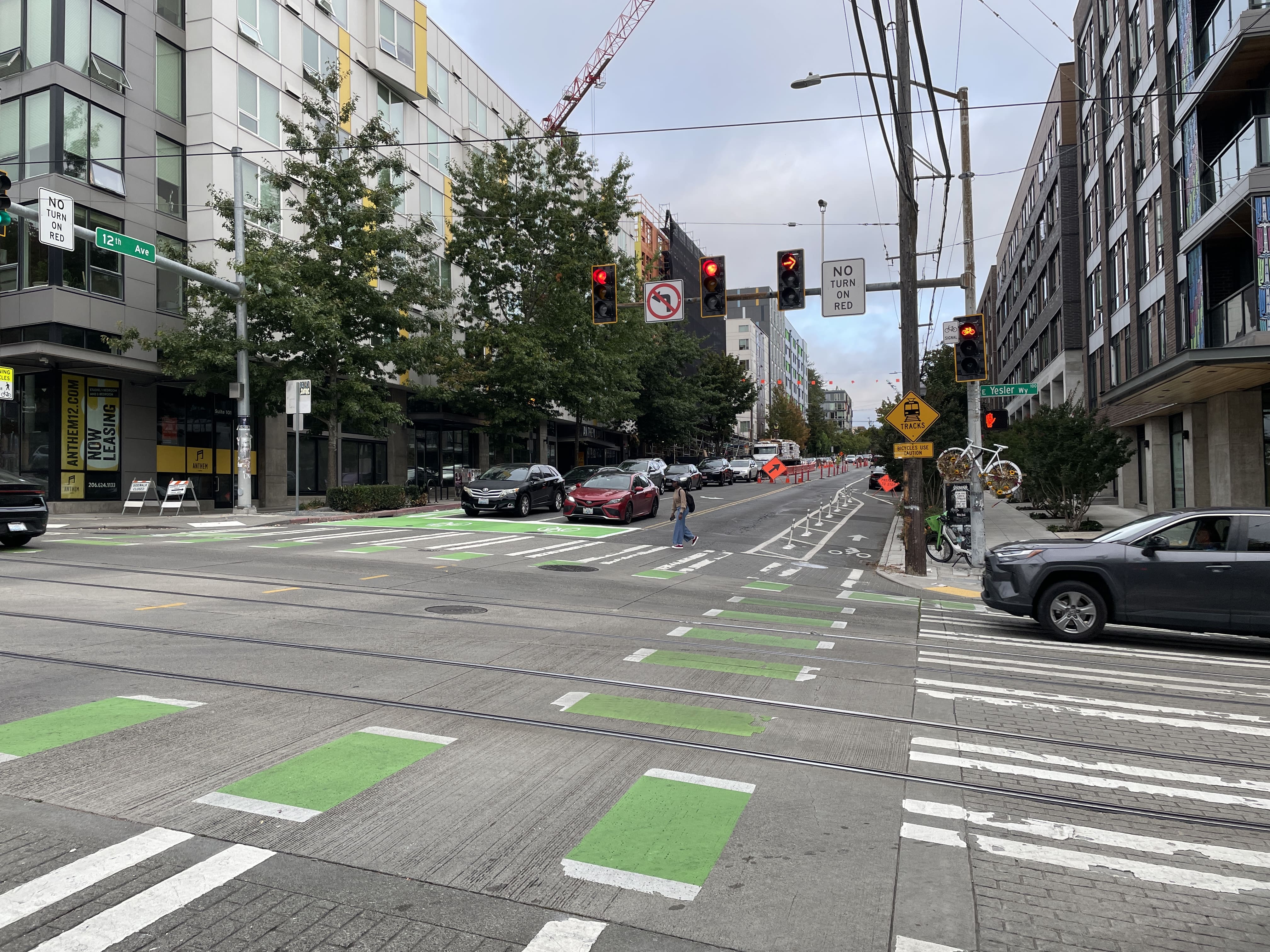 View of new southbound bike box at 12th Ave S and E Yesler Way