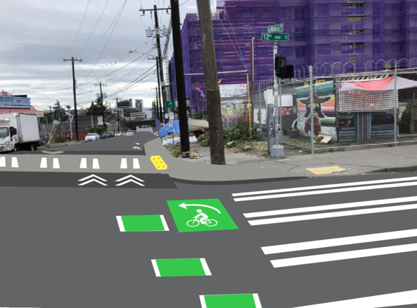 Mock image showing design of northwest corner of 12th Ave S and S King St