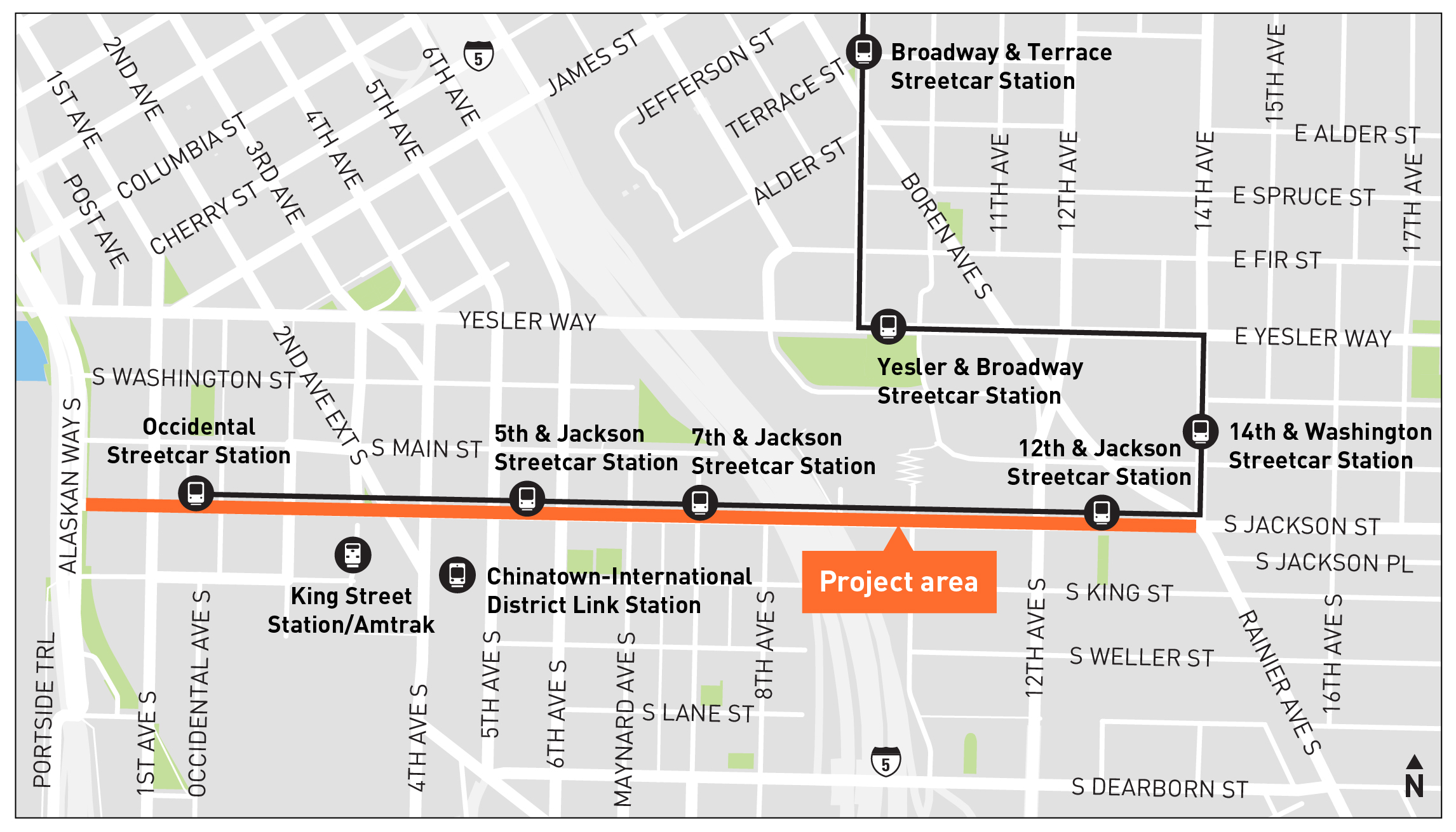 A map highlighting the S Jackson St corridor project area in orange. It shows streetcar stations, major streets, and landmarks such as King Street Station and the Chinatown-International District Link Station.