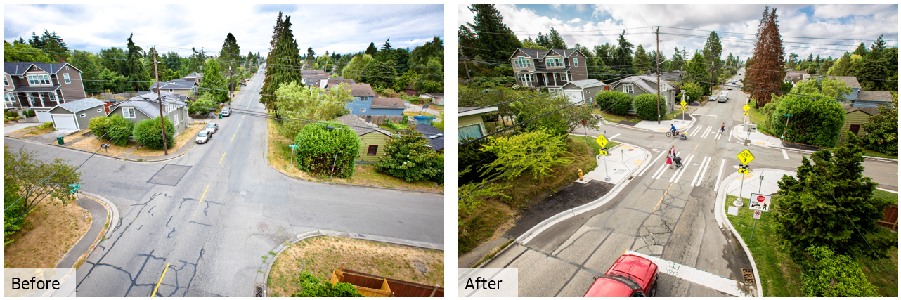 An aerial shot showing a before of an intersection with no easy pedestrian crossings, and an after showing curb bulbs, crosswalks, and flashing beacons 