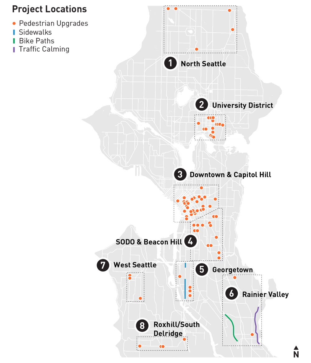 Map of the city showing 1 North Seattle, 2 U-District, 3 Downtown & Capitol Hill, 4 SoDo and Beacon Hill, 5 Georgetown, 6 Rainier Valley, 7 West Seattle, 8 Roxhill and Delridge