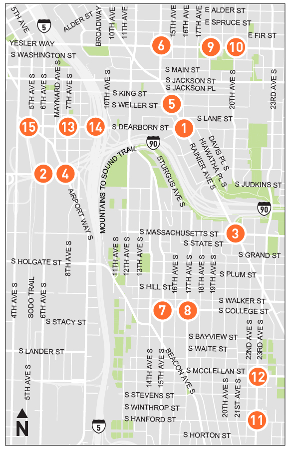 A map showing numbers 1 - 15 located at the intersections mentioned on this page.