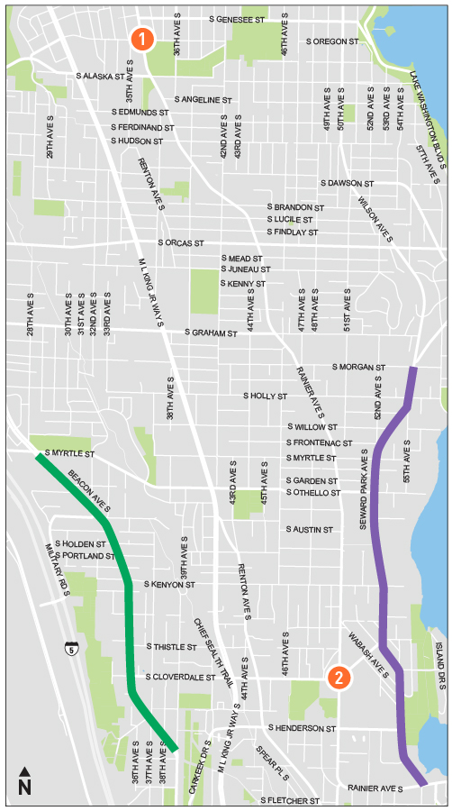 A map showing numbers 1 - 2 located at the intersections mentioned on this page.