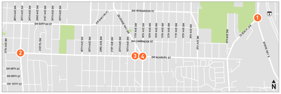 A map showing numbers 1 - 4 located at the intersections mentioned on this page.