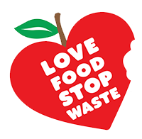 Apple with a bite taken out with text "Love food, stop waste."