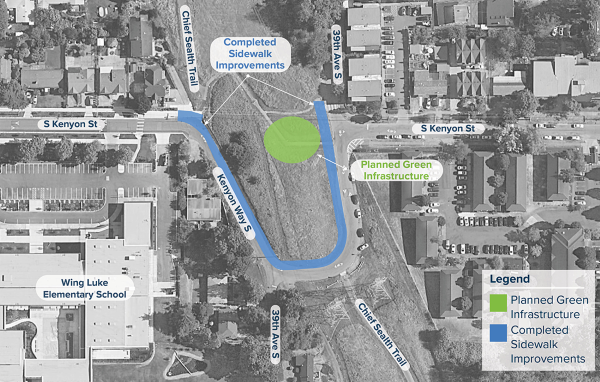 Aerial map of the project area showing completed sidewalk improvements and green infrastructure.