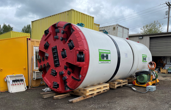 The smaller TBM before use in a staging area.