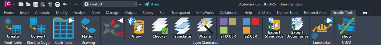 Expanded NCS Layer Standards ribbon for Seattle Tools