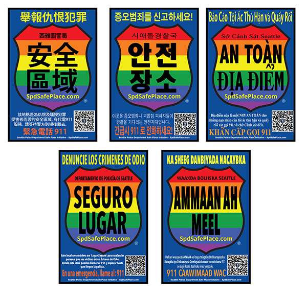 Safe Place stickers in different languages
