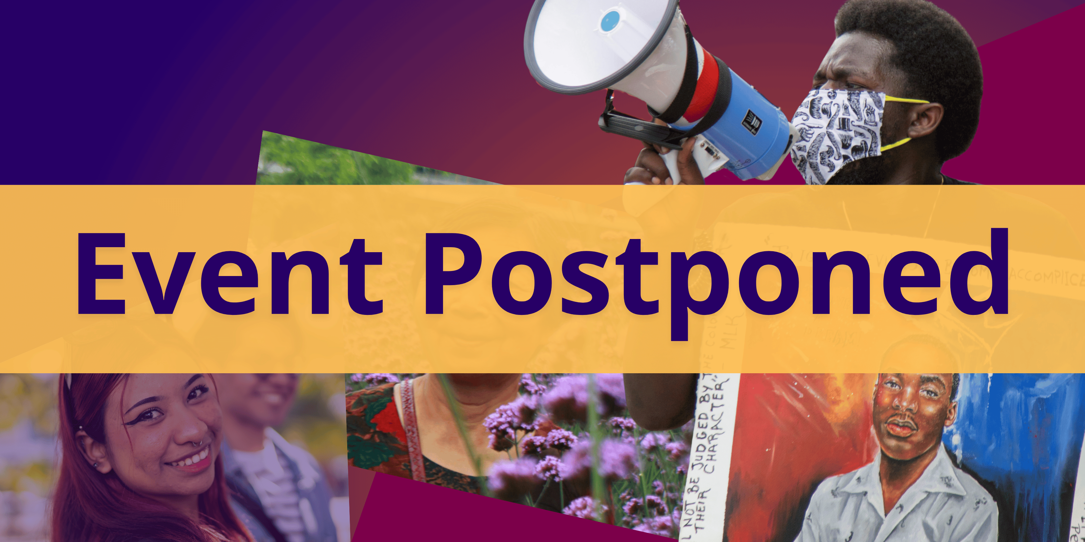 Photo 1: A teen girl smiling with friends Photo 2: An elderly woman standing in a garden Photo 3: A young man using a megaphone while holding a painting of Dr. Martin Luther King Jr. 