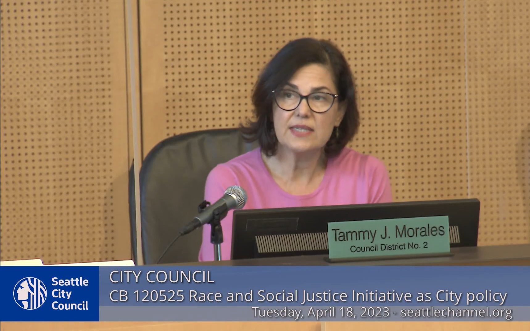 A screenshot of Tammy Morales at a Seattle City Council meeting on April 18, 2023. Councilmember Morales is sitting and speaking about the Race & Social Justice Initiative Ordinance.
