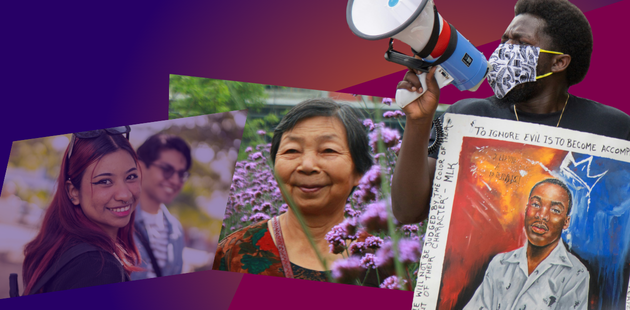 Photo 1: A teen girl smiling with friends Photo 2: An elderly woman standing in a garden Photo 3: A young man using a megaphone while holding a painting of Dr. Martin Luther King Jr. 