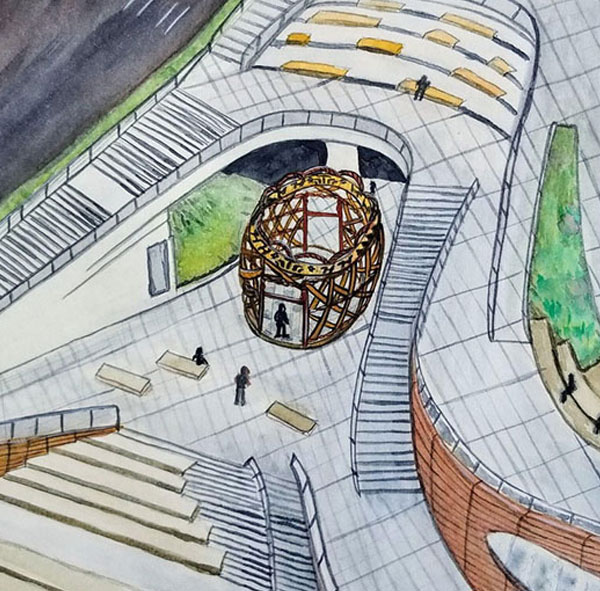 Drawing showing the size of the artwork in the space on the lower level of the Overlook Walk pedestrian bridge. 