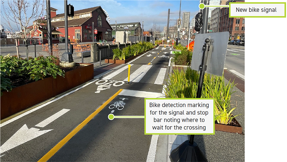 Bike detection markings note where to stop and wait for the crossing. There is a new bike signal. 