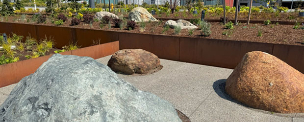 Large boulders that have been incorporated into the landscaping.