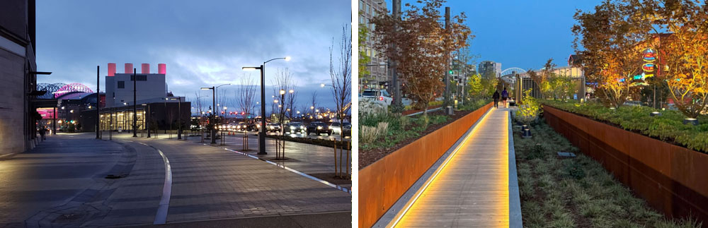 On the left, lighting on Railroad way, on the right, lighting on Park Promenade