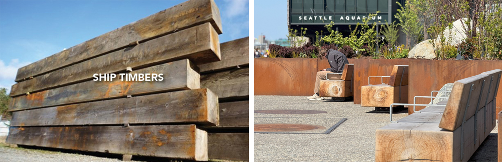 On the left a pile of ship timbers, and on the right is a ship timber bench in use