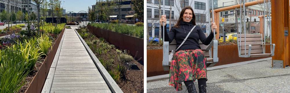 On the left, a light wood along the boardwalk and on the right, the same light wood for the chairs of the swings.