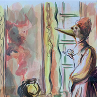 A painting of a duck in a hat and dress getting dressed by her maid as they look out a window.