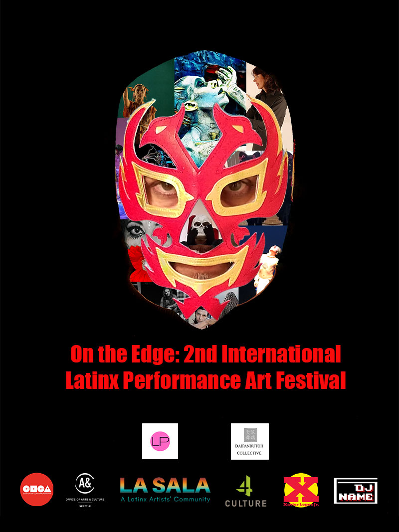 A luchador mask with cutouts of artists in this year's festival