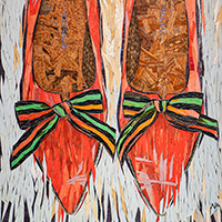 Two wooden mosaics of pairs of colorful shoes