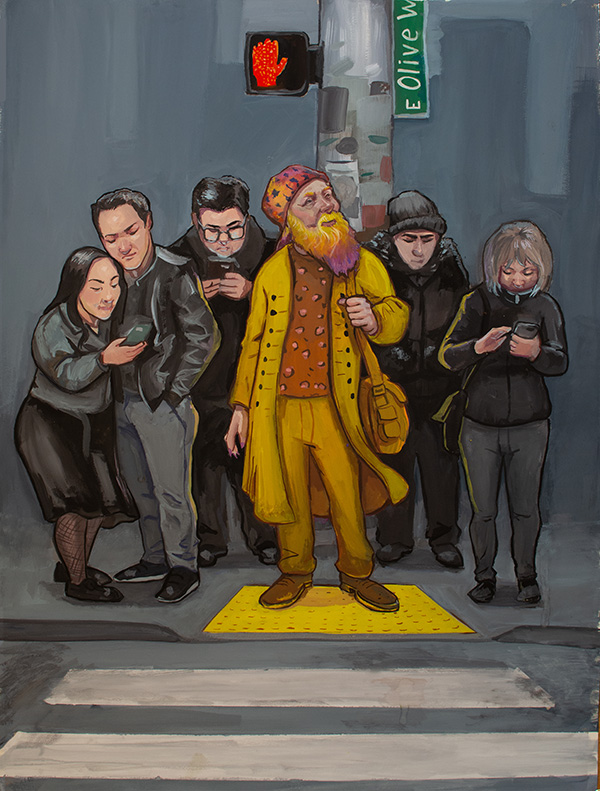 Illustration of a man in all yellow surrounded by three people in gray and black clothing all looking at their phones.