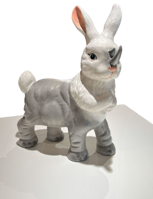 Ceramic chimera that's part fluffy rabbit and part rhinocerous
