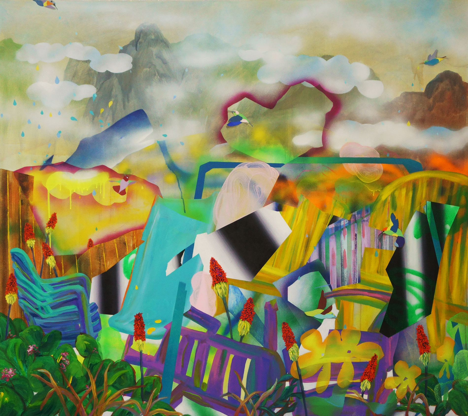 I took a lot of walks in my Seattle neighbourhood. This painting was inspired by a chaotic front yard overlooking Lake Washington. I was interested in the mishmash of objects in the lush garden and the way painting can transform relationships between form and space.