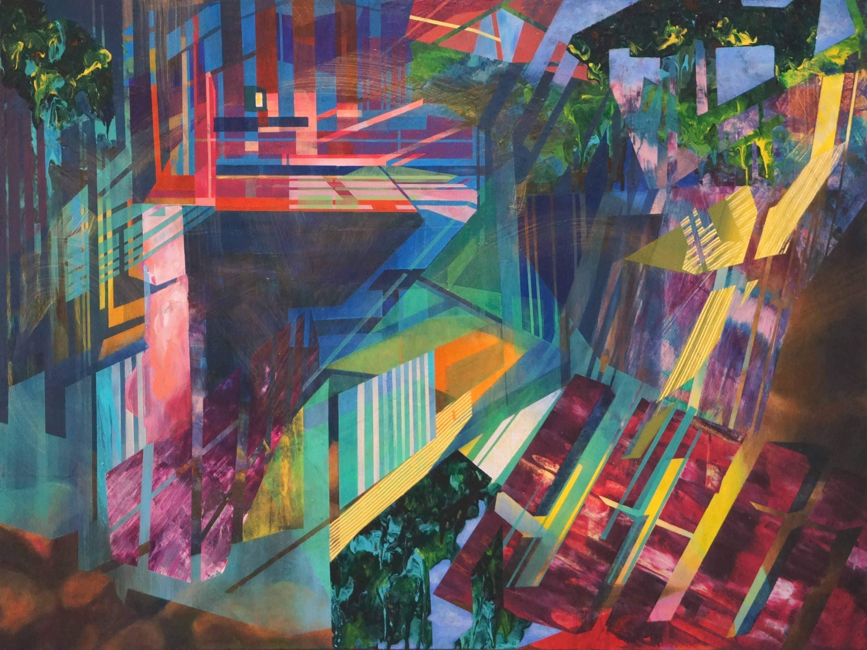 This painting is part of a series inspired by the disorientation felt in the fragmented urban space in Japan, which juxtaposes the country's deep-rooted connection to the natural world.